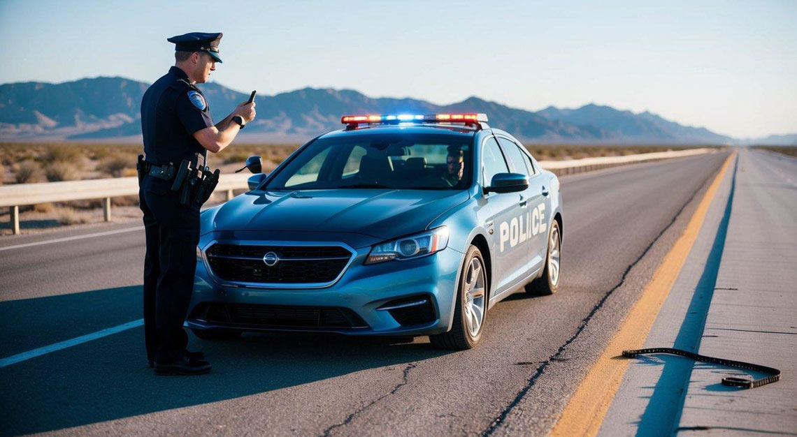 A car pulled over by a police officer on the side of a desert highway, with the officer conducting a field sobriety test on the driver