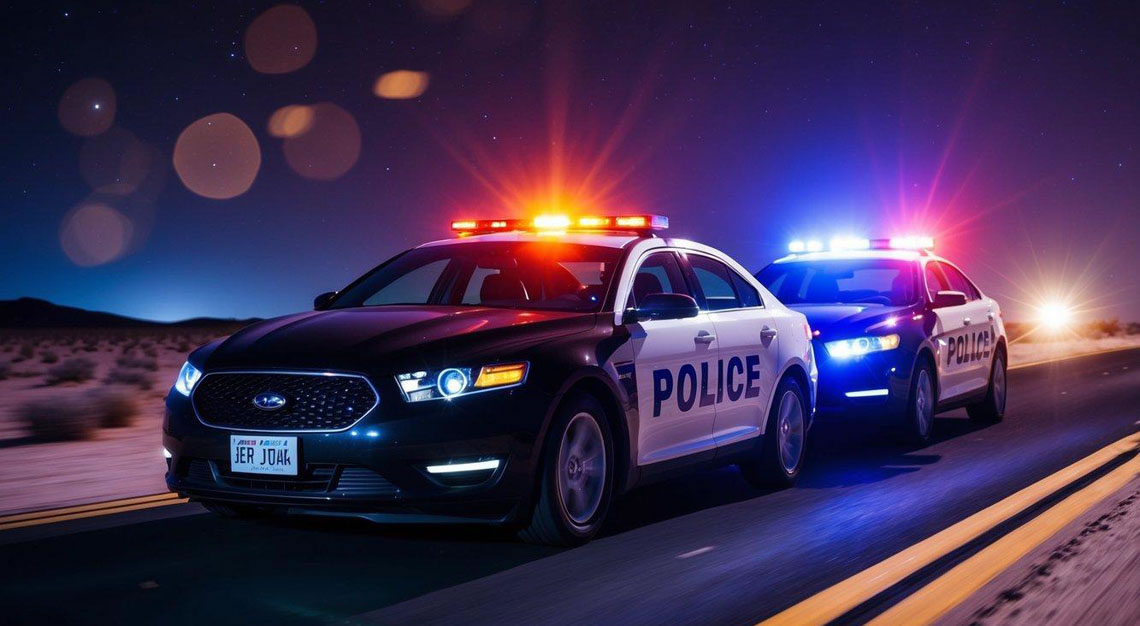 A car pulled over by police with flashing lights on a desert road at night